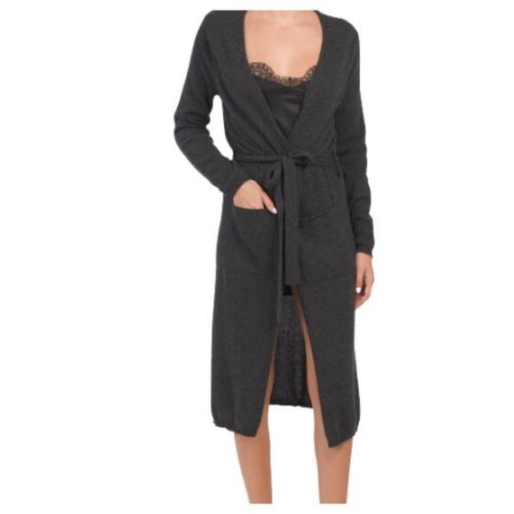 TAHARI Heather Charcoal Cashmere Long Belted Robe Frt Side Slit Pockets SZ L NWT - Picture 1 of 2